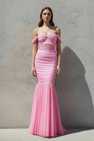 Sheisme-Candy Pink Ruched Tulle Off-Shoulder Mermaid Maxi Cocktail Evening Dress