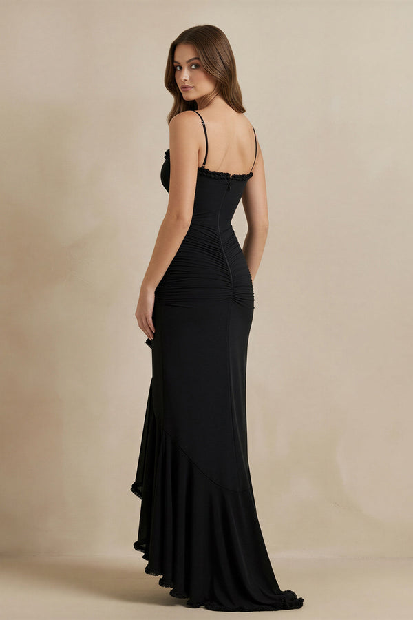 Ruched Maxi Dress With Ruffles in Black - SHE IS ME Prom Dresses