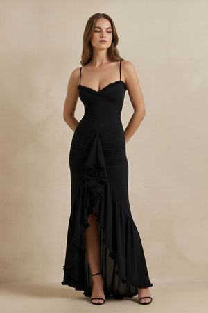 Ruched Maxi Dress With Ruffles in Black - SHE IS ME Prom Dresses