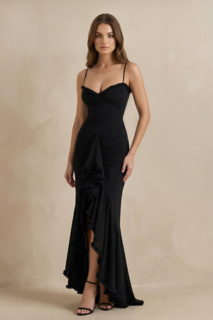 Ruched Maxi Dress With Ruffles in Black - SHE IS ME Prom Dresses