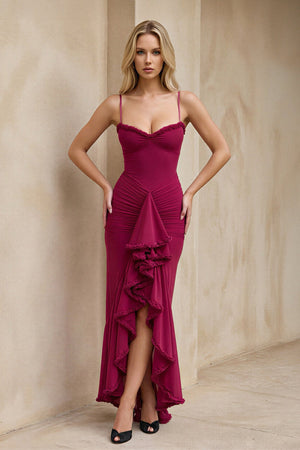 Ruched Maxi Dress With Ruffles in Burgundy - SHE IS ME
