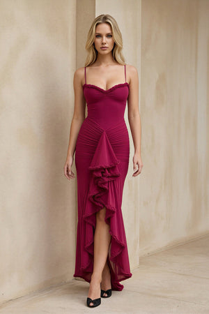 Ruched Maxi Dress With Ruffles in Burgundy - SHE IS ME