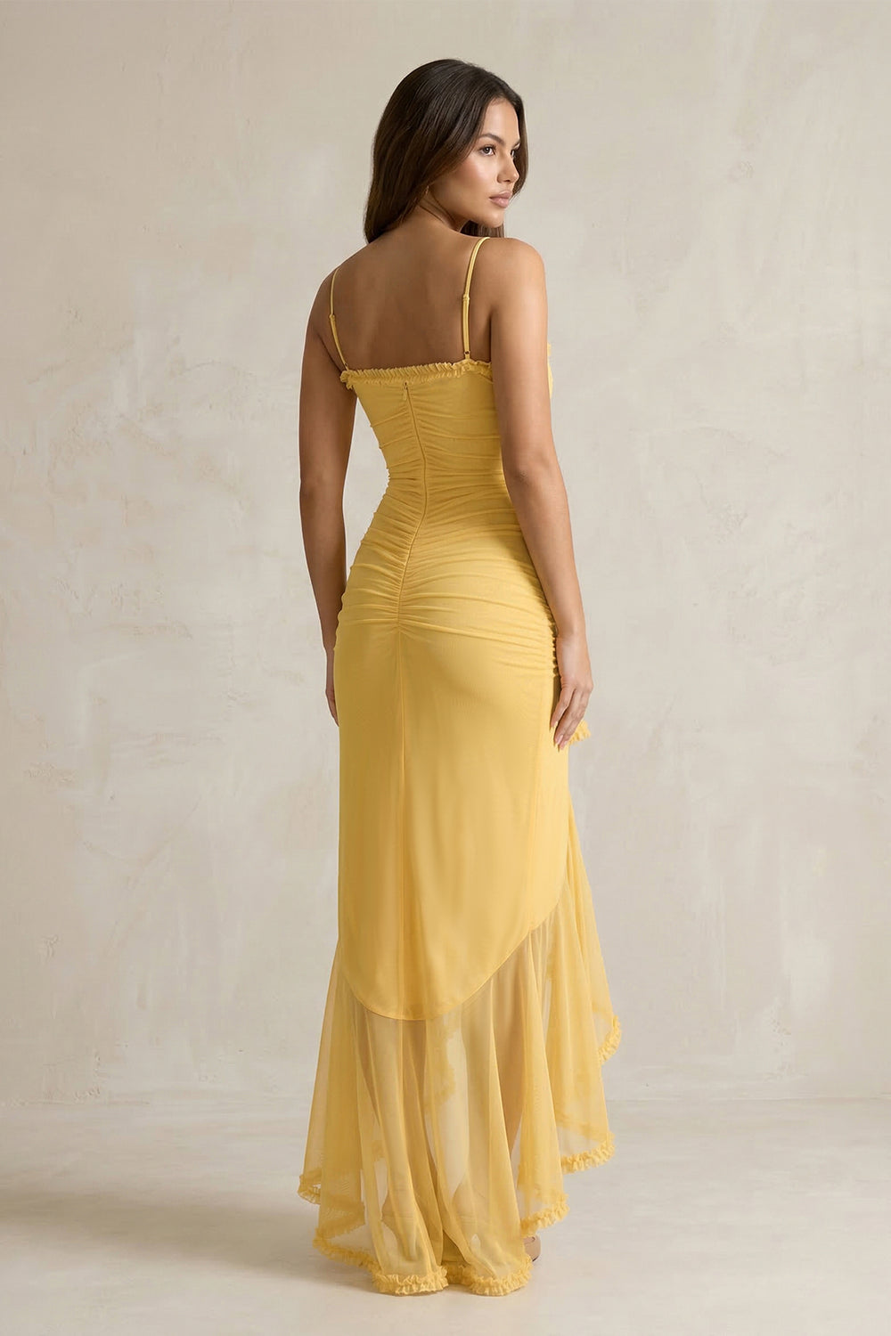 Ruched Maxi Dress With Ruffles in Yellow