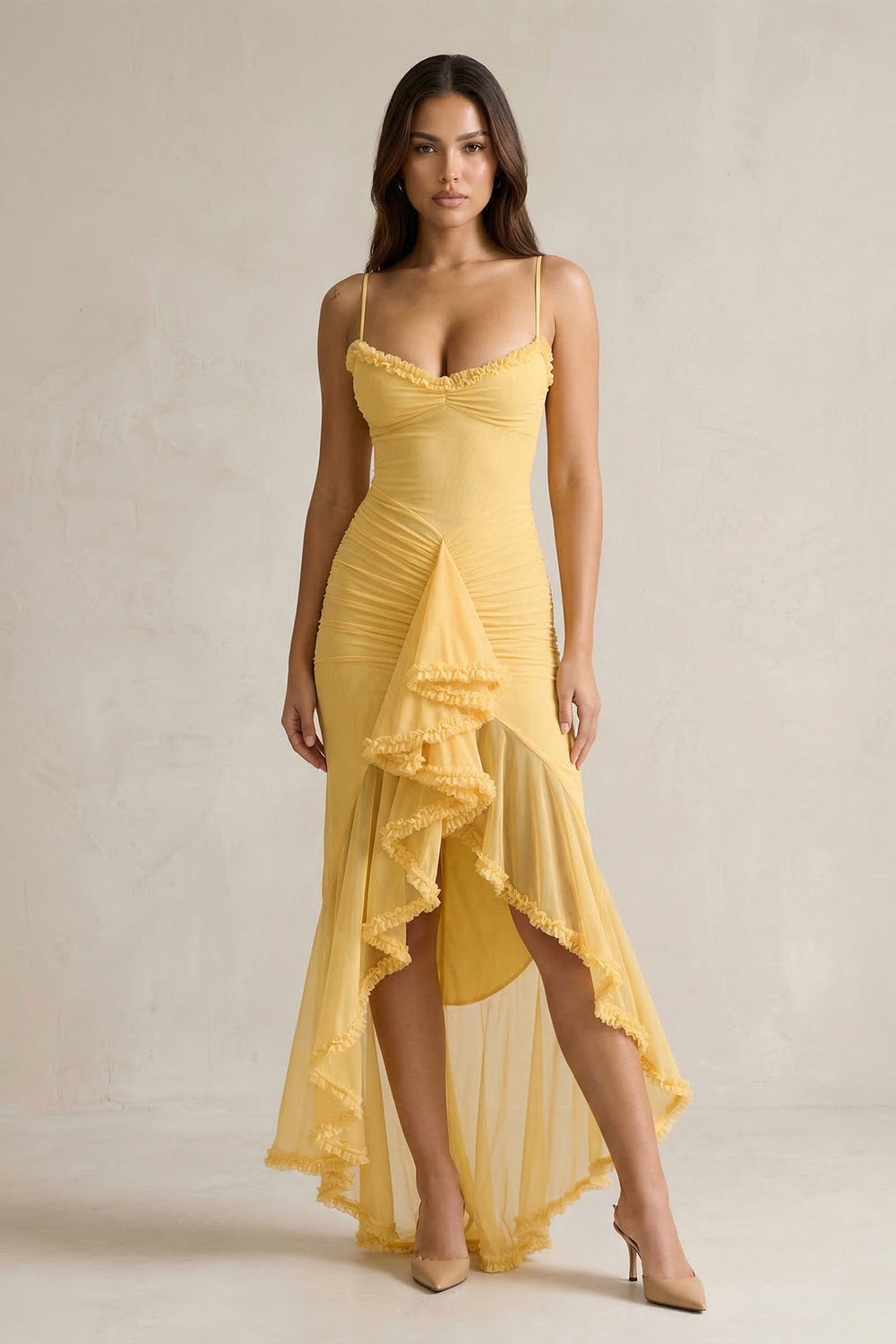 Ruched Maxi Dress With Ruffles in Yellow