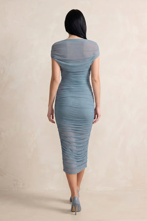 Ruched Off-the-Shoulder Midi Dress in Dusty Blue – SHE IS ME Dresses