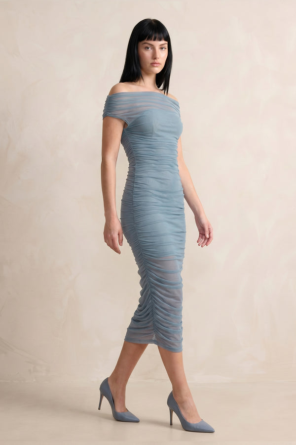 Ruched Off-the-Shoulder Midi Dress in Dusty Blue – SHE IS ME Dresses