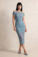 Ruched Off-the-Shoulder Midi Dress in Dusty Blue – SHE IS ME Dresses