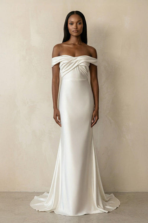 Ruched Off - the - Shoulder Satin Mermaid Wedding Dress in Ivory - SHE IS ME Wedding Dresses