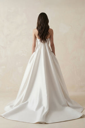 Ruched Satin Strapless Ball Gown Wedding Dress in White - SHE IS ME Wedding Dresses