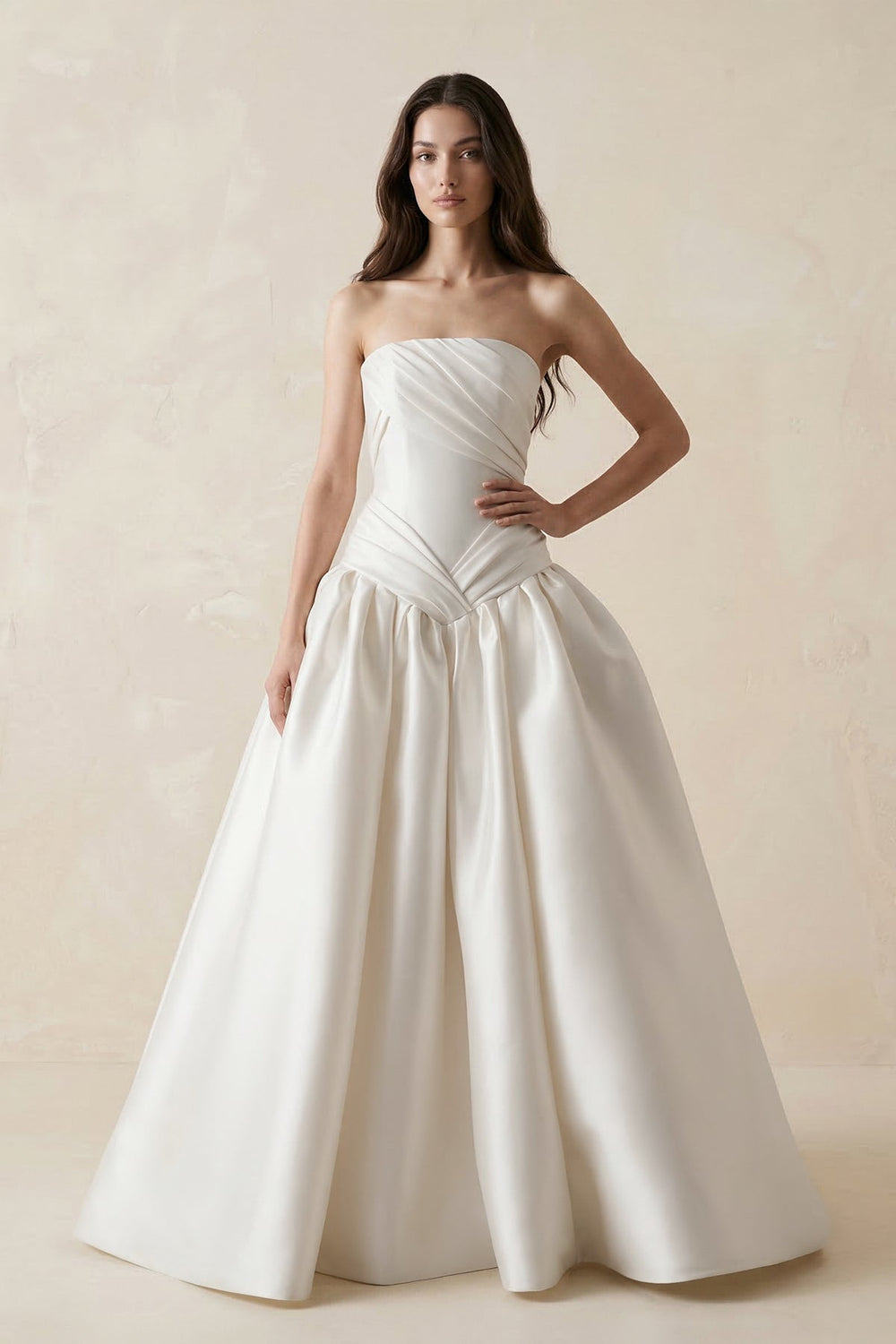 Ruched Satin Strapless Ball Gown Wedding Dress in White - SHE IS ME Wedding Dresses