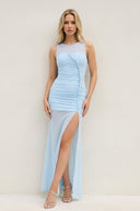 Ruched Sheath Maxi Dress With Slit in Sky Blue - SHE IS ME