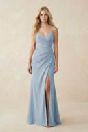 Ruched Sheath Spaghetti Strap Chiffon Bridesmaid Dress in Dusty Blue - SHE IS ME BRIDESMAID DRESSES
