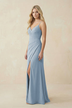 Ruched Sheath Spaghetti Strap Chiffon Bridesmaid Dress in Dusty Blue - SHE IS ME BRIDESMAID DRESSES