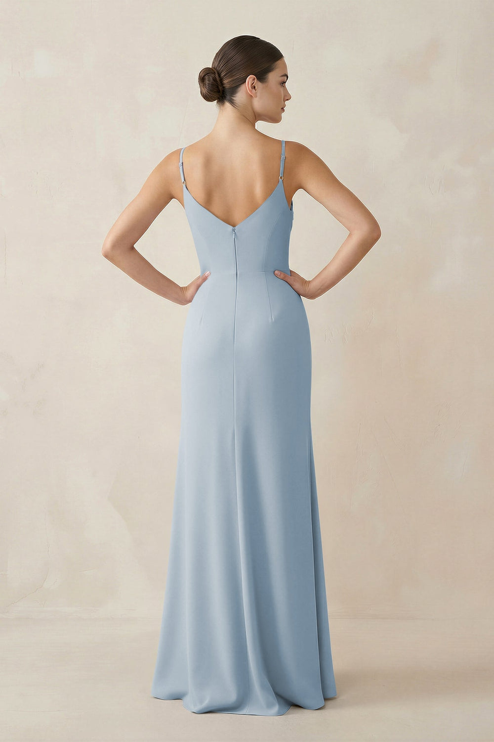 Ruched Sheath Spaghetti Strap Chiffon Bridesmaid Dress in Dusty Blue - SHE IS ME Bridesmaid Dresses
