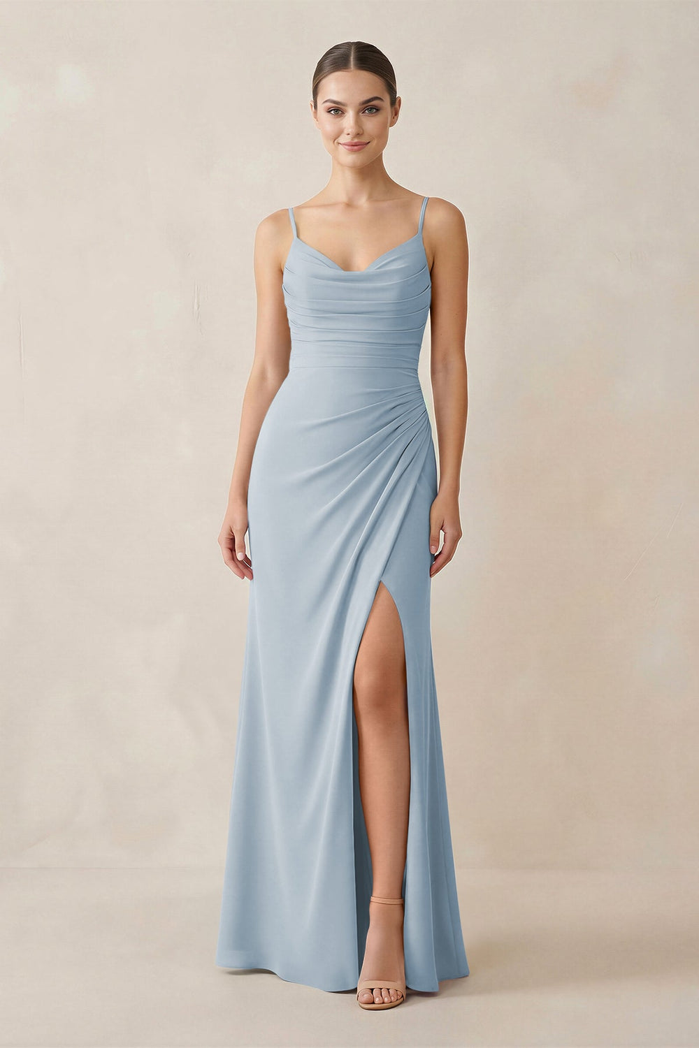Ruched Sheath Spaghetti Strap Chiffon Bridesmaid Dress in Dusty Blue - SHE IS ME Bridesmaid Dresses