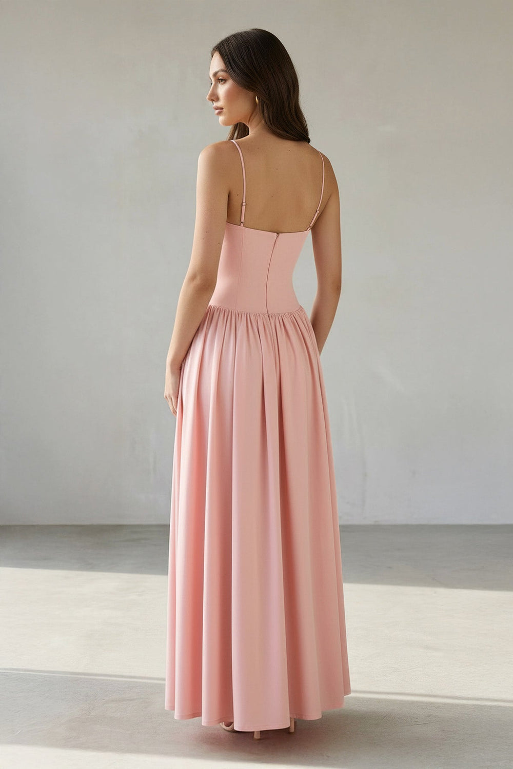 Ruched Spaghetti Straps Maxi Dress in Pink - SHE IS ME PROM DRESSES