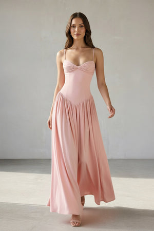 Sheisme-Pink Stretch-Crepe Spaghetti Straps A-Line Maxi Evening Formal Dress