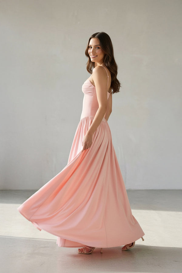 Sheisme-Pink Stretch-Crepe Spaghetti Straps A-Line Maxi Evening Formal Dress