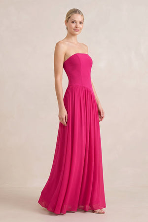 Ruched Strapless A - Line Stretch Satin Maxi Dress in Fuchsia - SHE IS ME Dresses