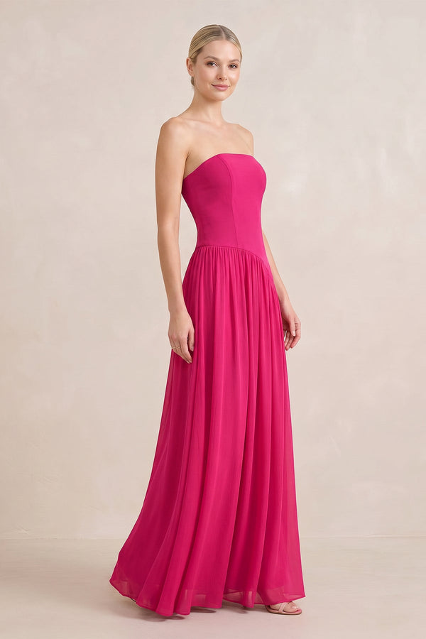 Ruched Strapless A - Line Stretch Satin Maxi Dress in Fuchsia - SHE IS ME Dresses