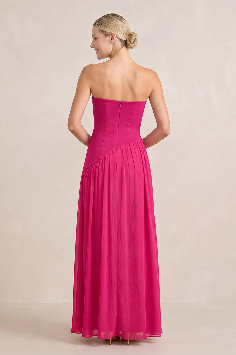 Ruched Strapless A - Line Stretch Satin Maxi Dress in Fuchsia - SHE IS ME Dresses