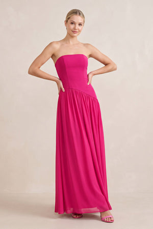 Ruched Strapless A - Line Stretch Satin Maxi Dress in Fuchsia - SHE IS ME Dresses
