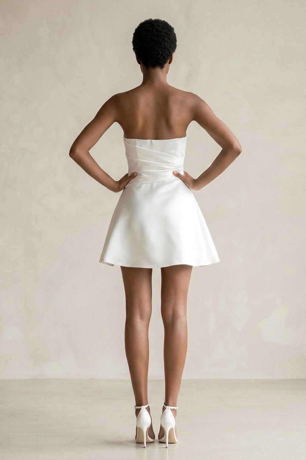Ruched Strapless Satin Mini Wedding Dress in White - SHE IS ME Wedding Dresses