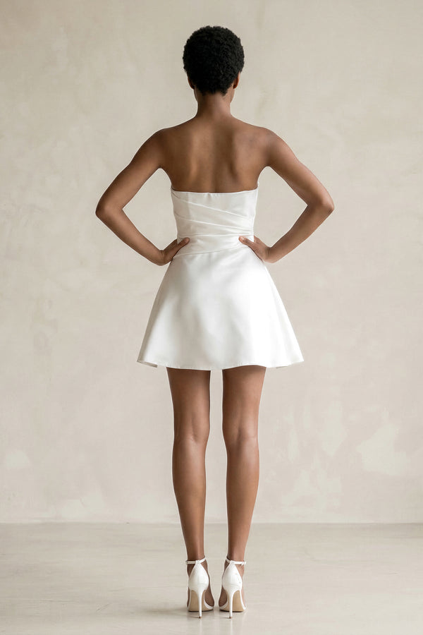 Ruched Strapless Satin Mini Wedding Dress in White - SHE IS ME Wedding Dresses