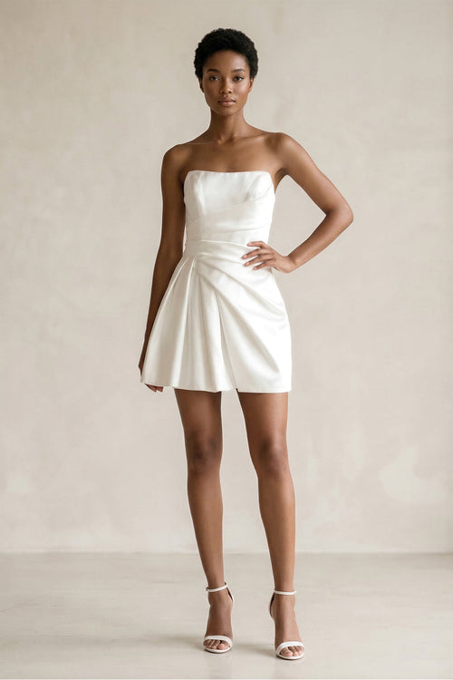 Ruched Strapless Satin Mini Wedding Dress in White - SHE IS ME Wedding Dresses