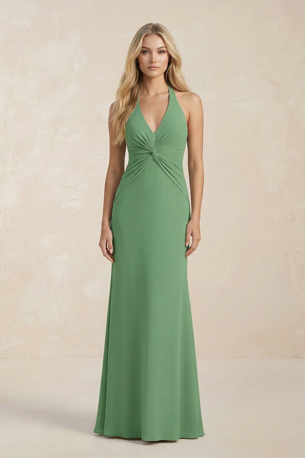 Ruched V - Neck Sheath Bridesmaid Dress With Bow in Matcha - SHE IS ME Bridesmaid Dresses