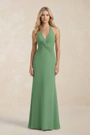 Ruched V - Neck Sheath Bridesmaid Dress With Bow in Matcha - SHE IS ME Bridesmaid Dresses