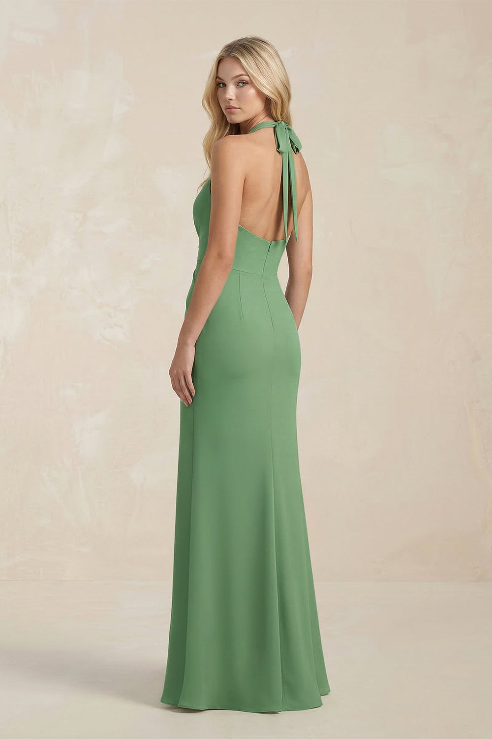 Ruched V - Neck Sheath Bridesmaid Dress With Bow in Matcha - SHE IS ME Bridesmaid Dresses