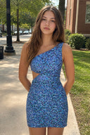 Blue - One Shoulder Sequins Bodycon Cut out Mini Homecoming Dresses-SHEISME