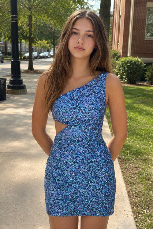Blue - One Shoulder Sequins Bodycon Cut out Mini Homecoming Dresses-SHEISME