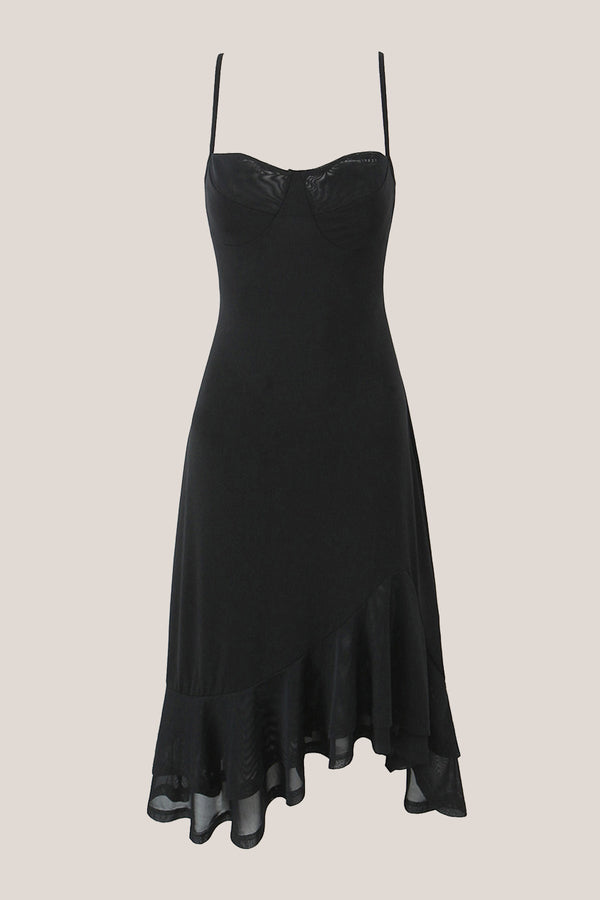 Ruffled A - Line Cotton Midi Dress in Black - SHE IS ME Dresses