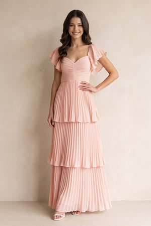 Ruffled A-Line Flutter Sleeves Chiffon Maxi Dress in Rose Petal – SHE IS ME Dresses