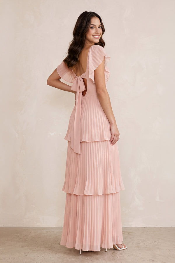 Ruffled A-Line Flutter Sleeves Chiffon Maxi Dress in Rose Petal – SHE IS ME Dresses