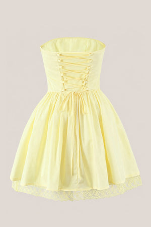 Ruffled A - Line Strapless Cotton Mini Dress in Yellow - SHE IS ME Dresses