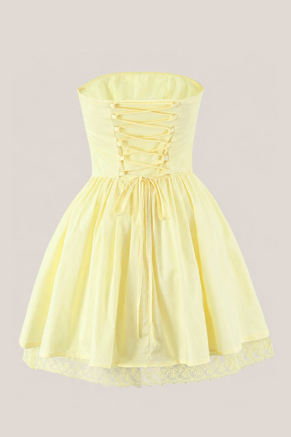 Ruffled A - Line Strapless Cotton Mini Dress in Yellow - SHE IS ME Dresses