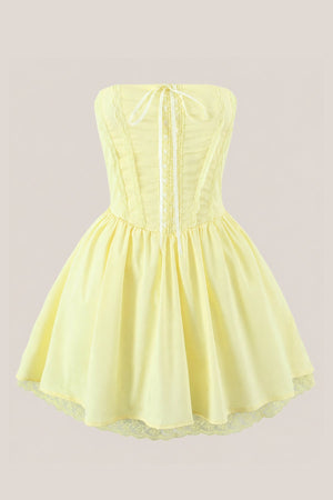 Ruffled A - Line Strapless Cotton Mini Dress in Yellow - SHE IS ME Dresses
