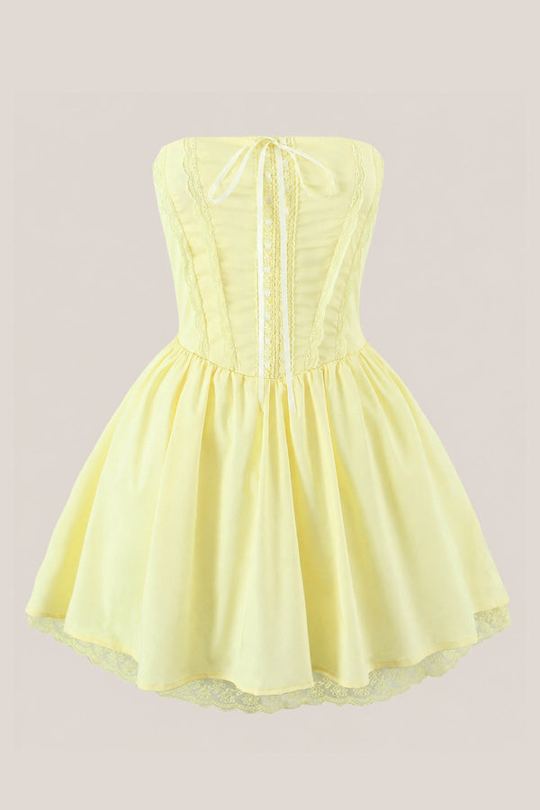 Ruffled A - Line Strapless Cotton Mini Dress in Yellow - SHE IS ME Dresses