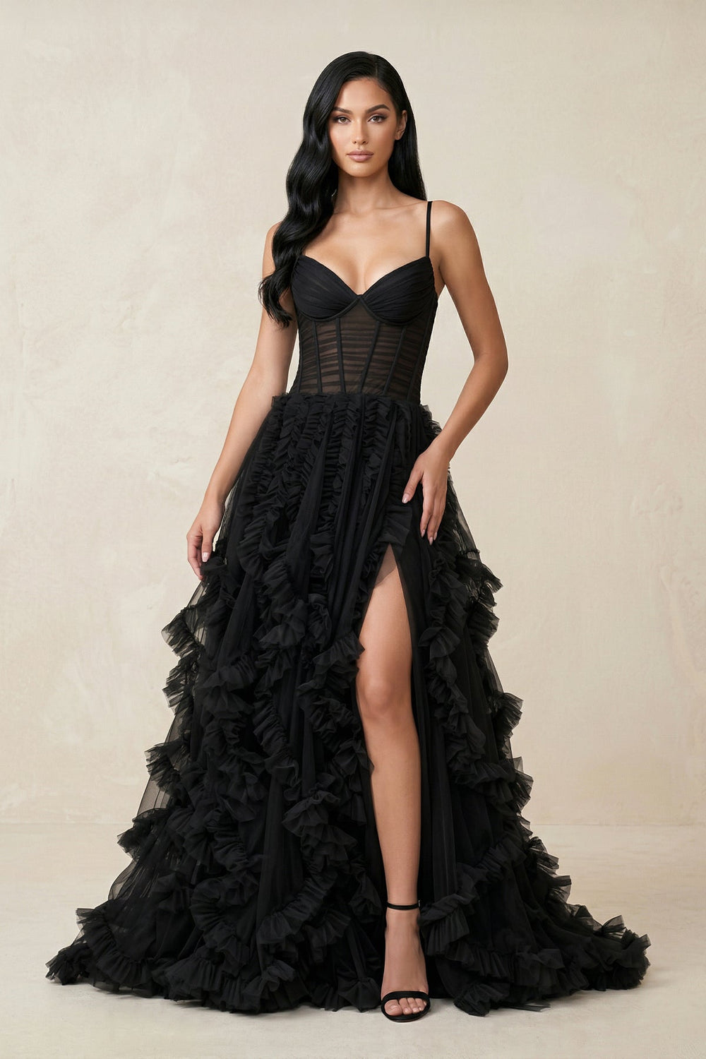 Ruffled A - Line Tulle Sweetheart Wedding Dress with Slit in Black - SHE IS ME Wedding Dresses