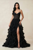 Ruffled A - Line Tulle Sweetheart Wedding Dress with Slit in Black - SHE IS ME Wedding Dresses