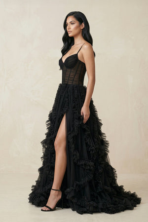Ruffled A - Line Tulle Sweetheart Wedding Dress with Slit in Black - SHE IS ME Wedding Dresses