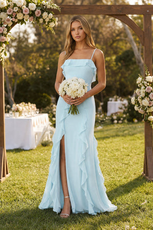 Ruffled Cami Strap Chiffon Sheath Bridesmaid Dress in Sky Blue - SHE IS ME Bridesmaid Dresses