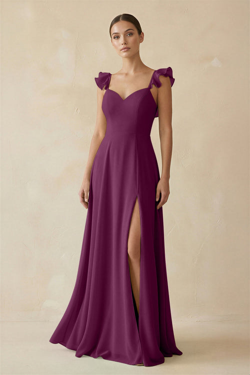Ruffled Chiffon A - Line Long Bridesmaid Dress in Fig - SHE IS ME