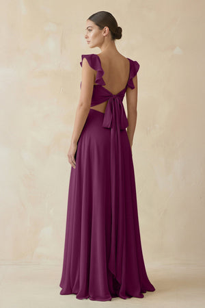 Ruffled Chiffon A - Line Long Bridesmaid Dress in Fig - SHE IS ME