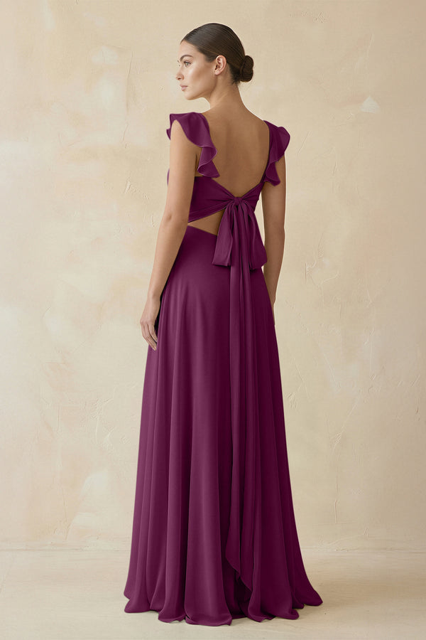 Ruffled Chiffon A - Line Long Bridesmaid Dress in Fig - SHE IS ME