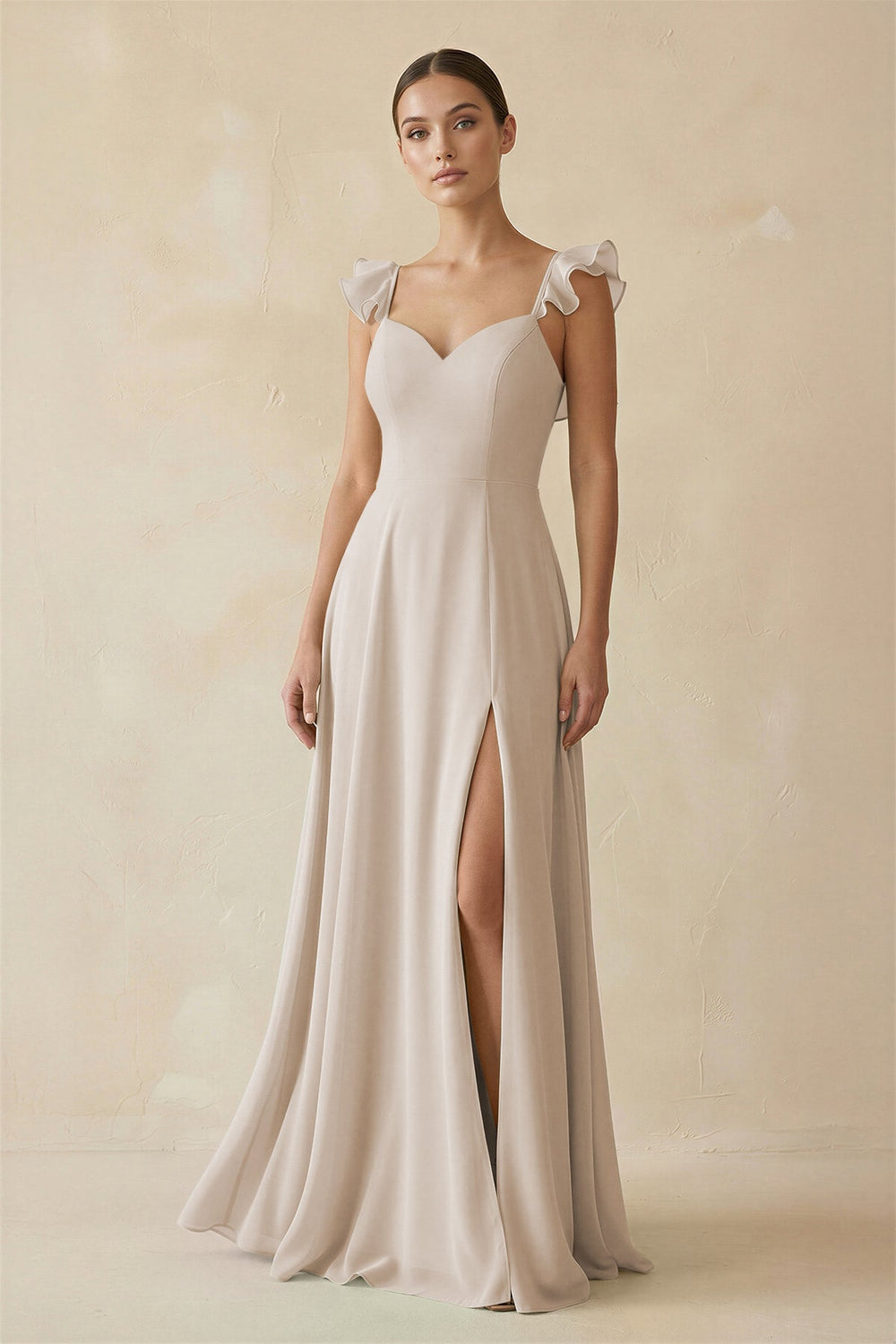 Ruffled Chiffon A - Line Long Bridesmaid Dress in Frost - SHE IS ME