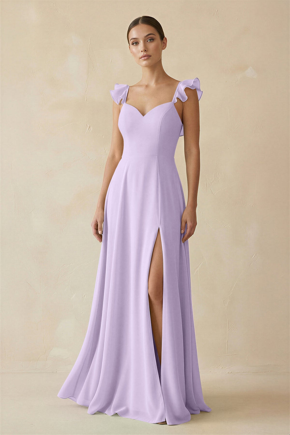 Ruffled Chiffon A - Line Long Bridesmaid Dress in Lavender - SHE IS ME